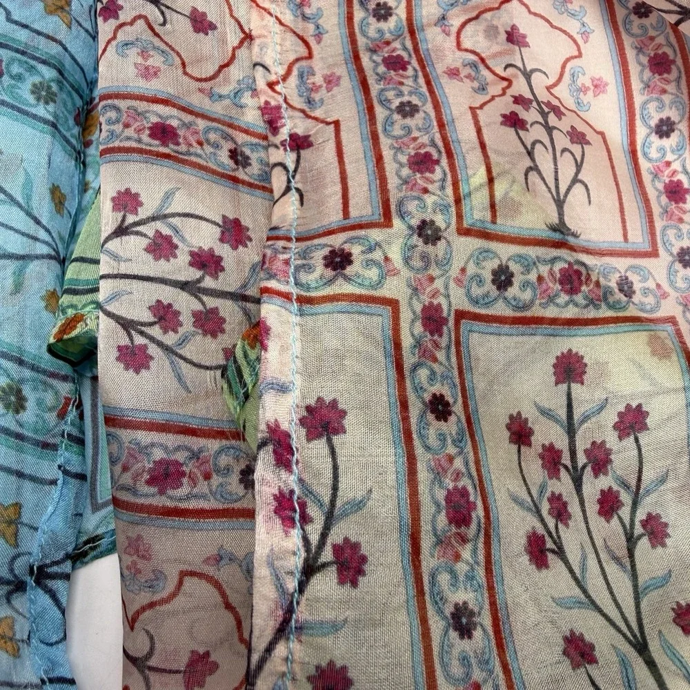 World Market Silk Scarf Floral Teal Asian Rectangle Feminine Prairie Coquette